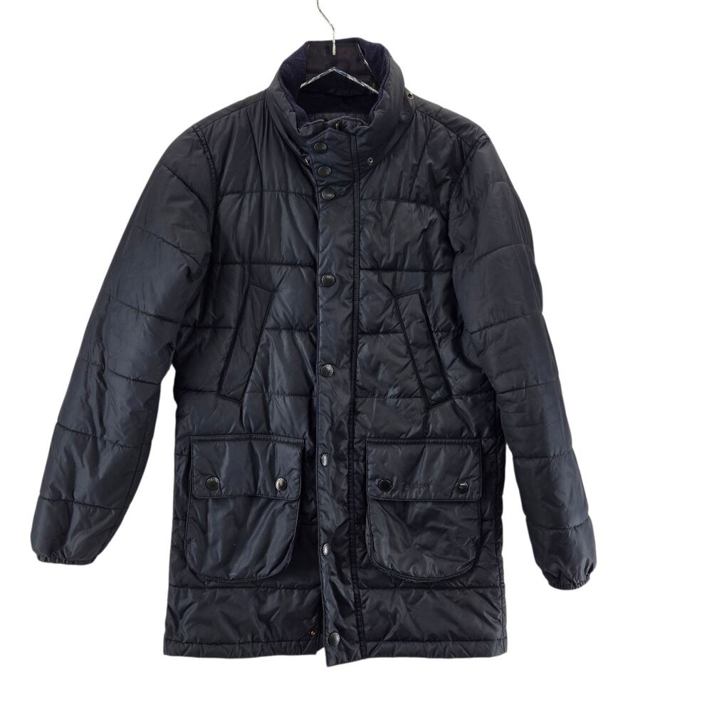 Barbour Great Coat Mens Small‎ Navy Blue Mid Length Fibre Down Quilted Flawed